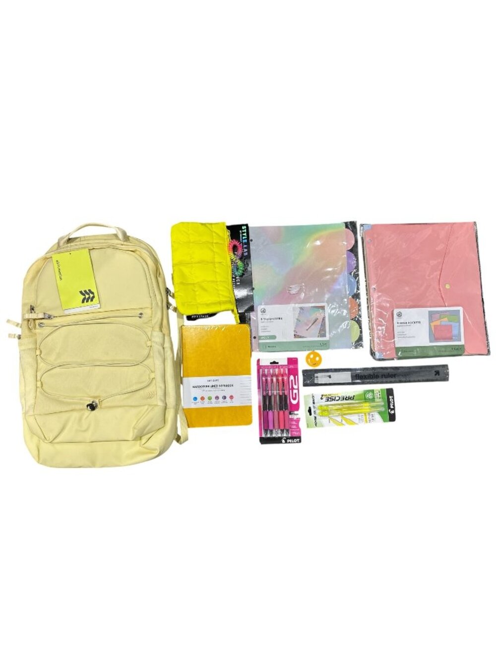 8 pcs. All In Motion Yellow Backpack With School Supplies Set - Includes Pens, N
